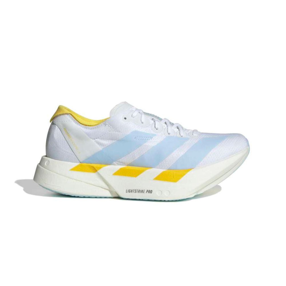 Adidas- Womens Adizero Adios Pro 4 - White/Glow Blue/Yellow - Culture Athletics